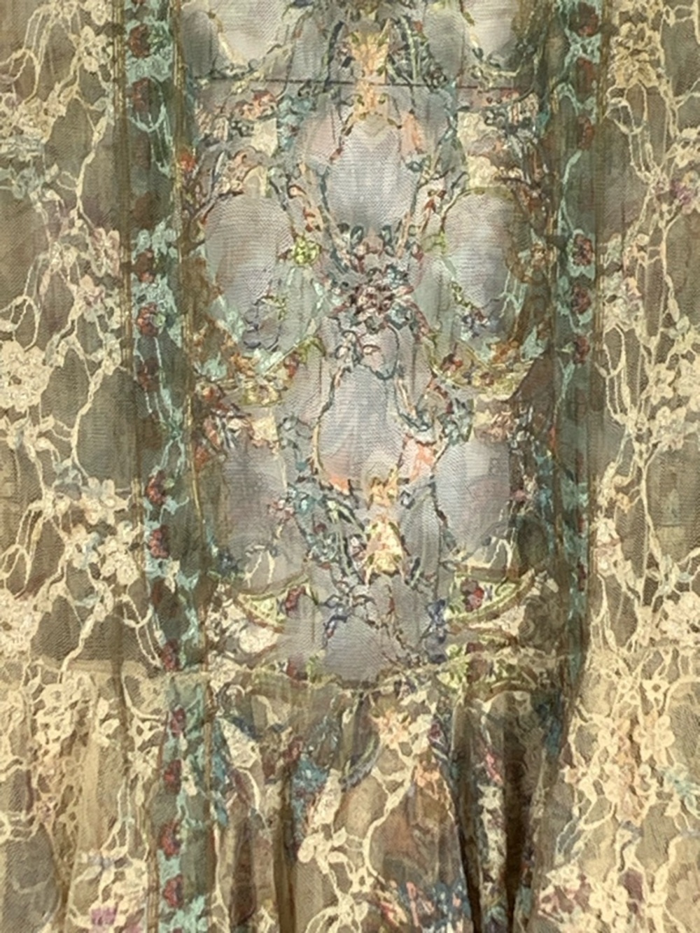 Origami Kimono Cardigan L Beige Lace Hi Low Boho Open Front Ruffle Sheer - Picture 14 of 16